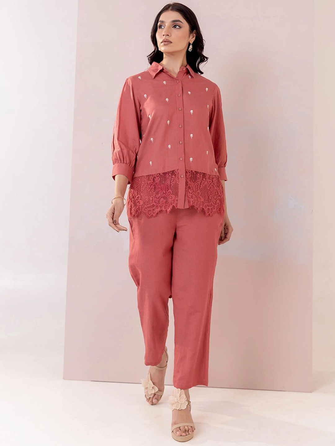 MISRI Floral Embroidered Puffed Sleeves Shirt With Trousers