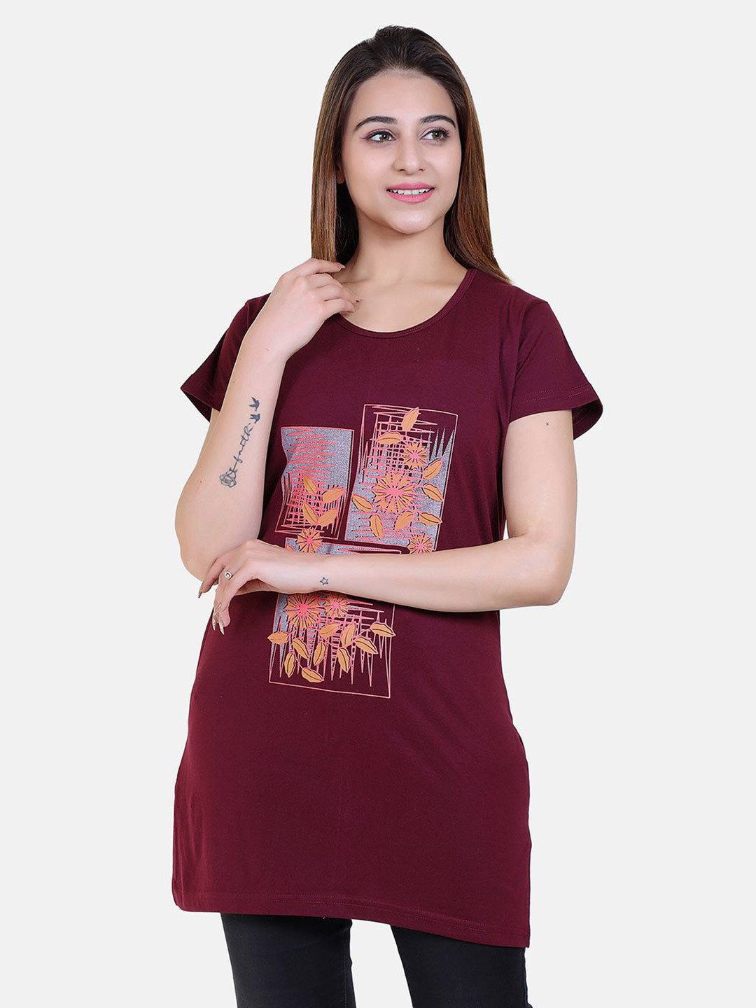 Divine Girl Women Floral Printed Pockets Longline T-shirt