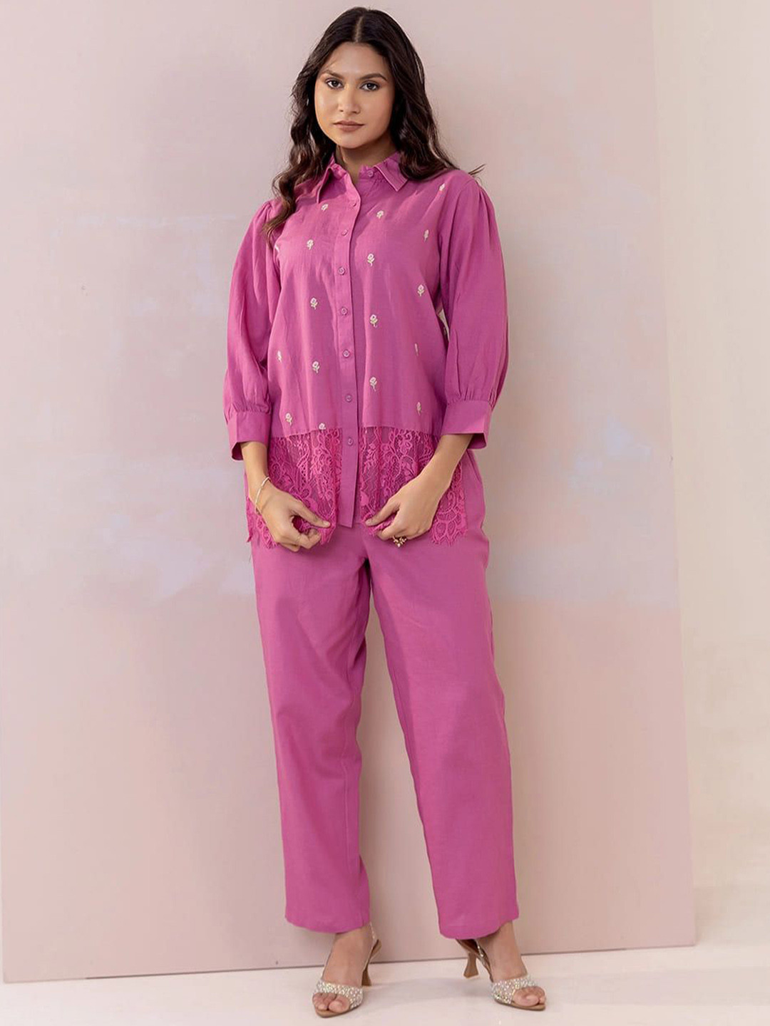 MISRI Floral Embroidered Puffed Sleeves Shirt With Trousers