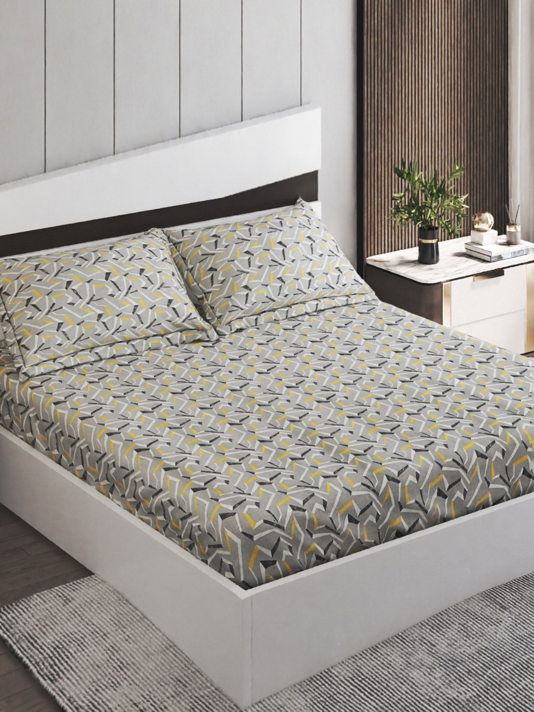 Home Centre Ezra Mitchel Grey Graphic Cotton 144 TC Queen Bedsheet with 2 Pillow Covers-100 x 90 inches