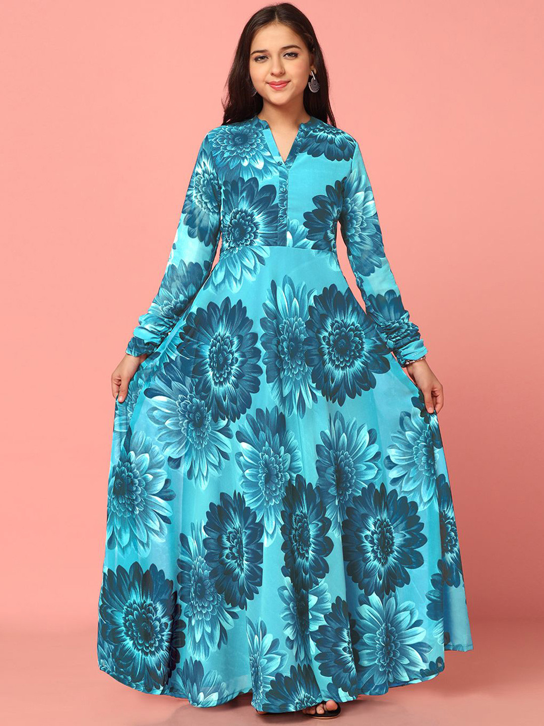 Sangria Girls Floral Printed Fit and Flare With Long Sleeves Maxi Dress