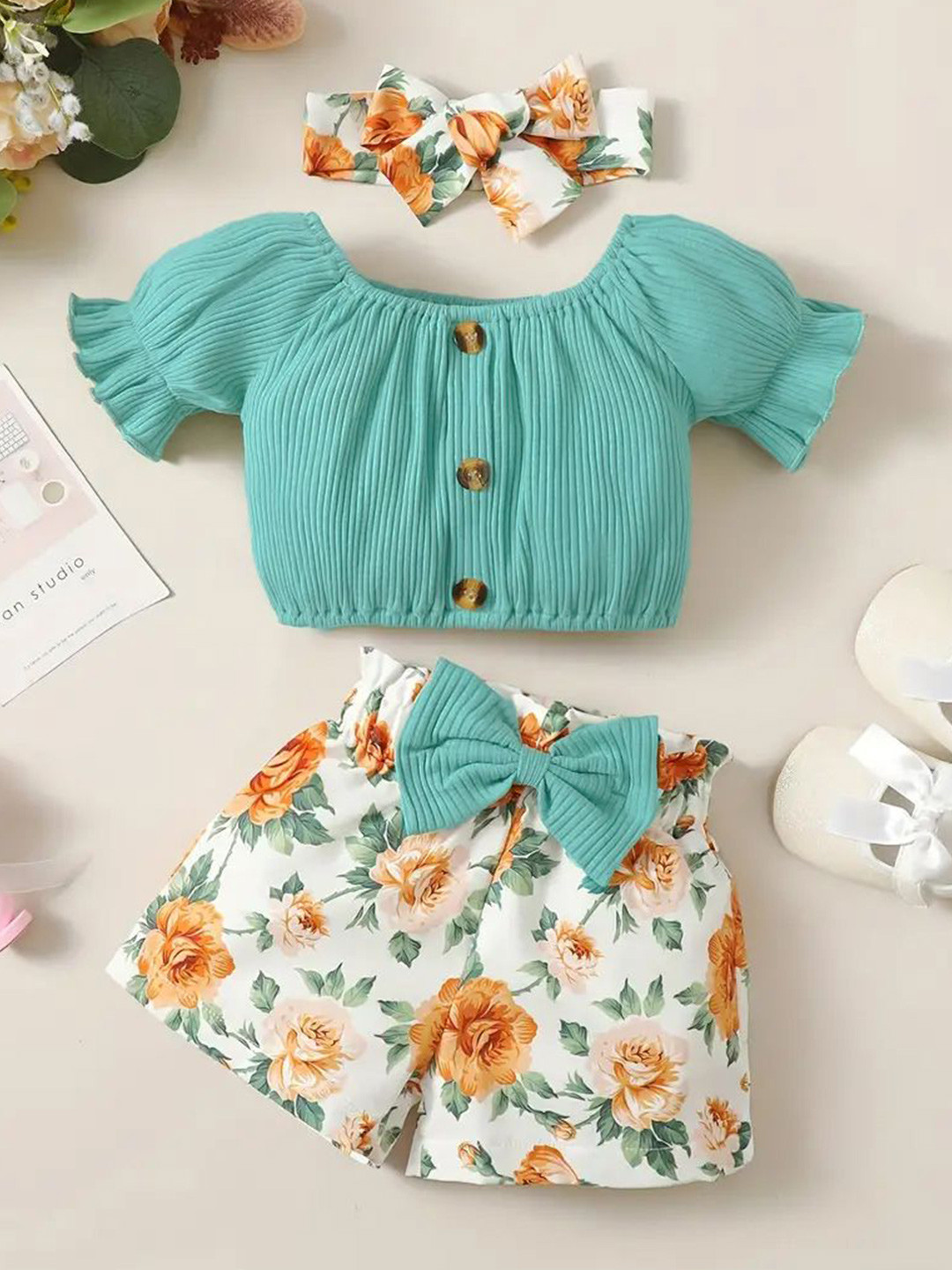BAESD Girls Round Neck Top With Shorts & Headband