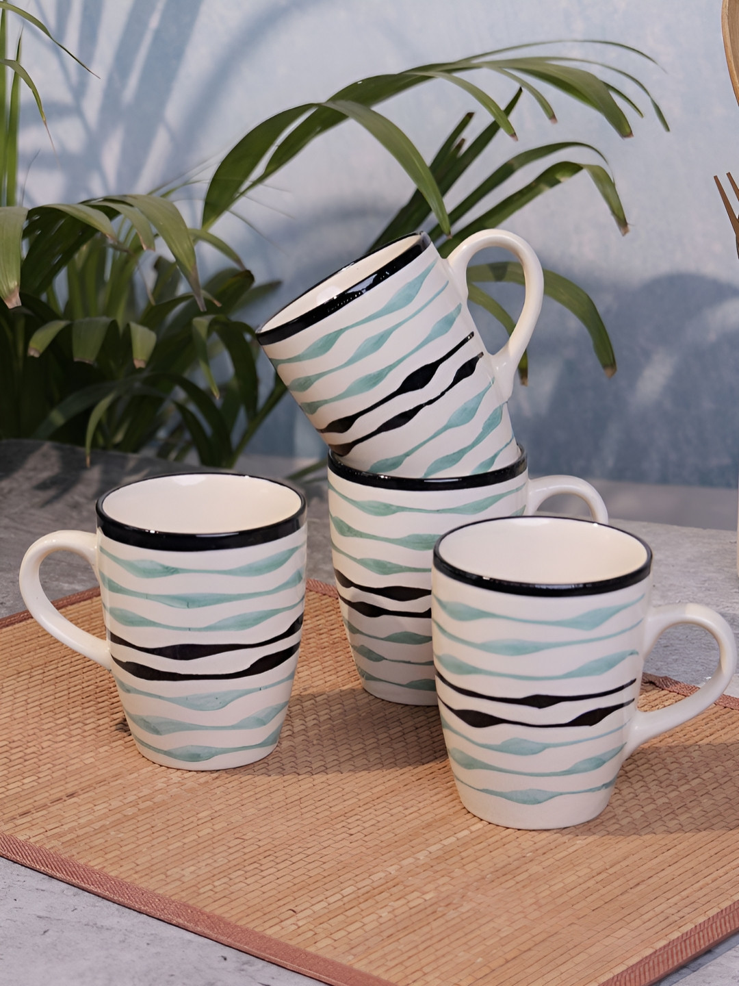 Myntra Elegant Homes Prishti Off White Striped Ceramic Microwave Safe 4 Piece Mugs-220ml