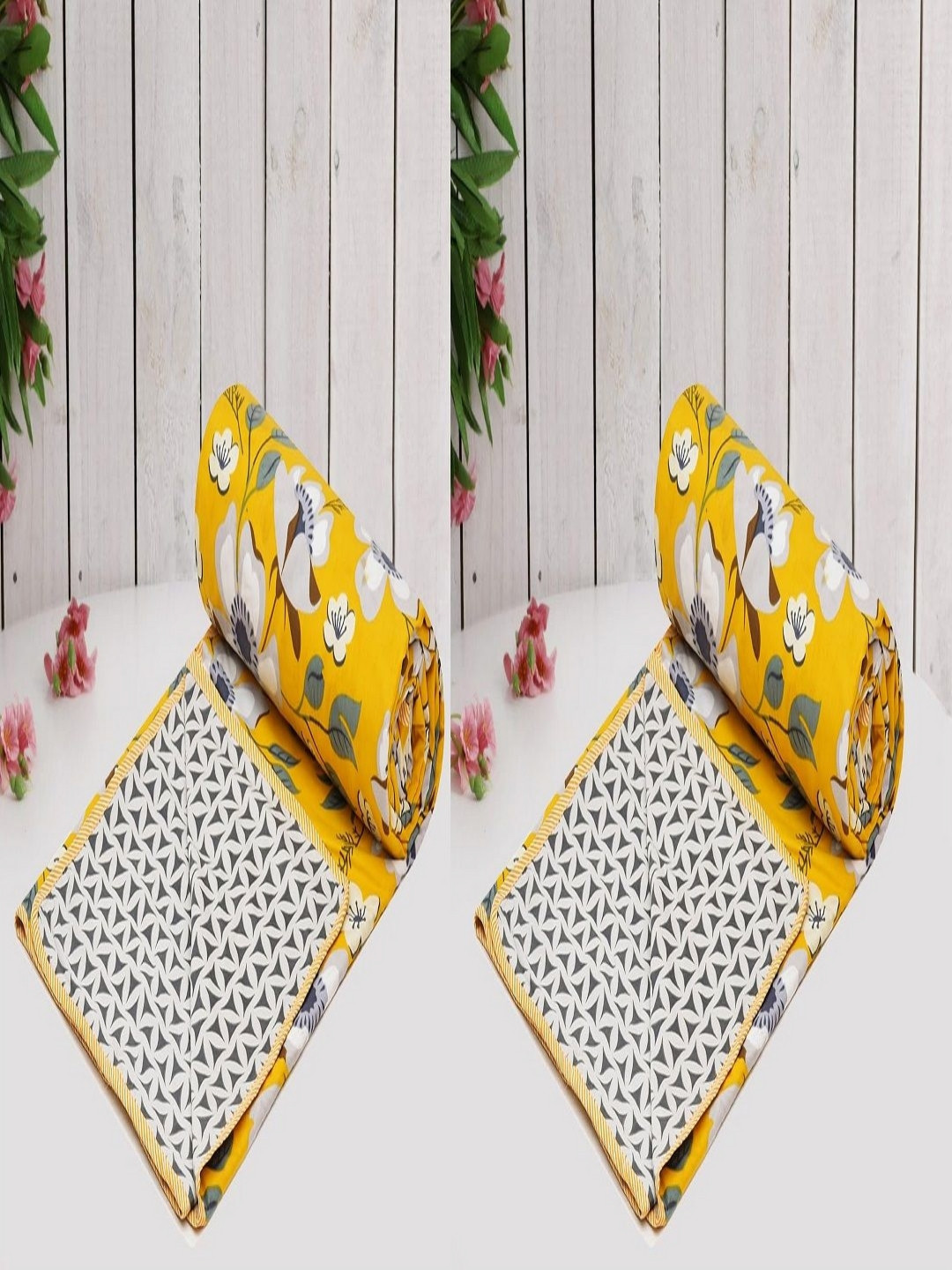 Myntra Elegant Homes Set of 2 Yellow Floral Printed Microfiber 150 GSM Single Bed Dohar