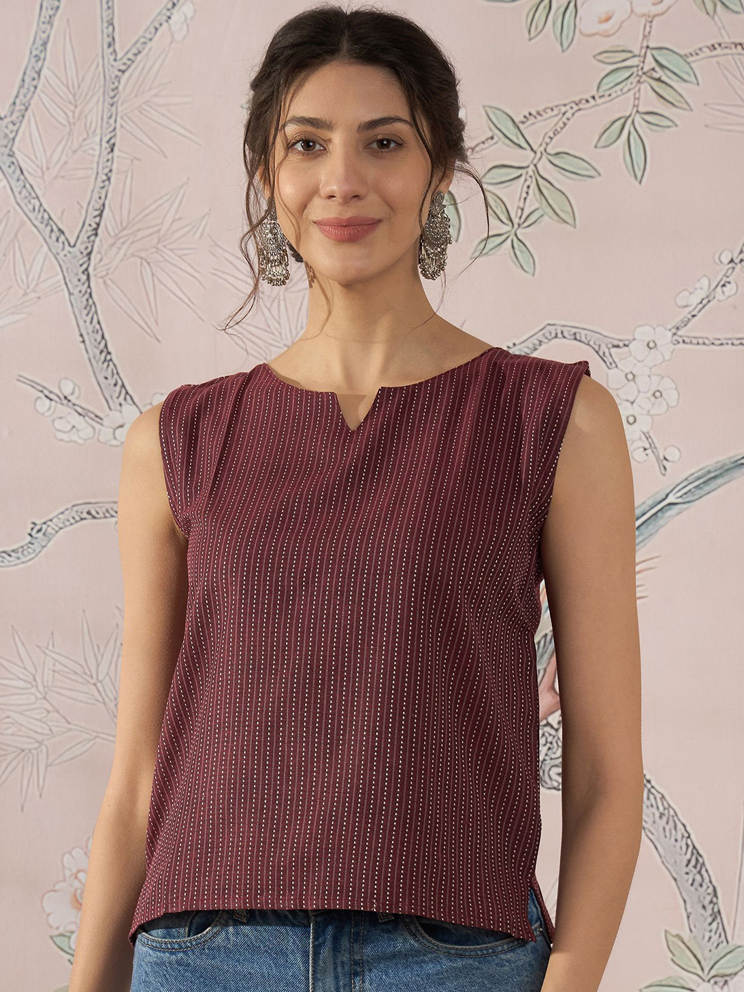 InWeave Women WINE KANTHA Vertical Stripes Maroon Cotton Regular Top