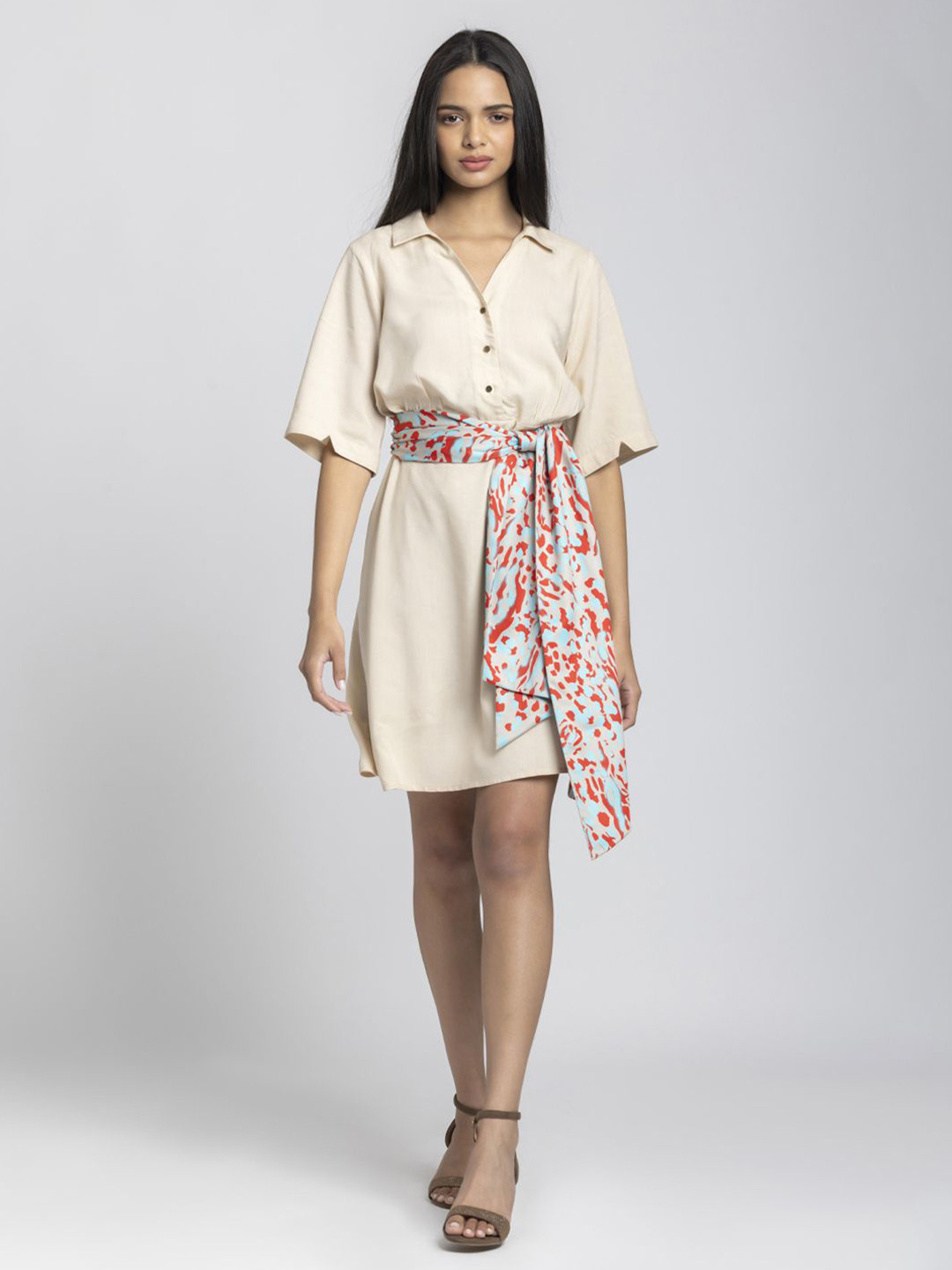 SHAYE Women Beige Spread Collar Solid Short Sleeves Casual A-Line Dresses