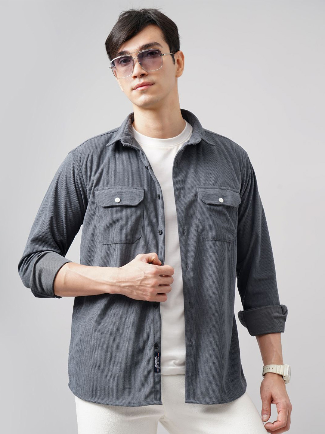 PAUL STREET Men Textured Spread Collar Corduroy Shacket