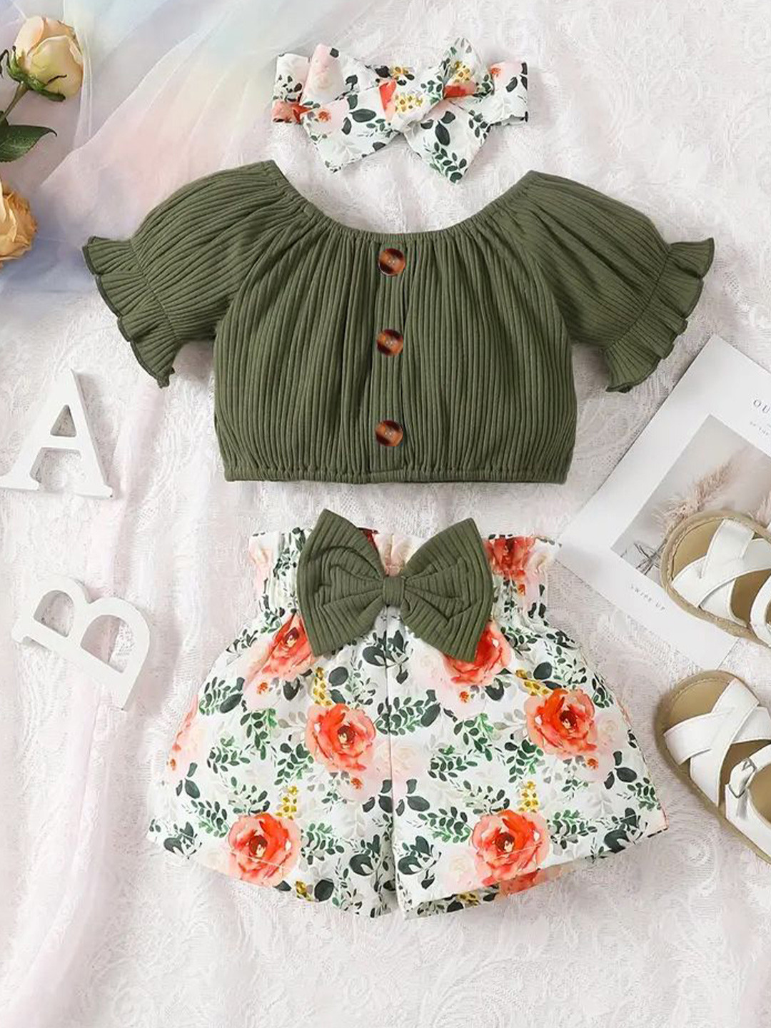 BAESD Girls Round Neck Top With Shorts & Headband