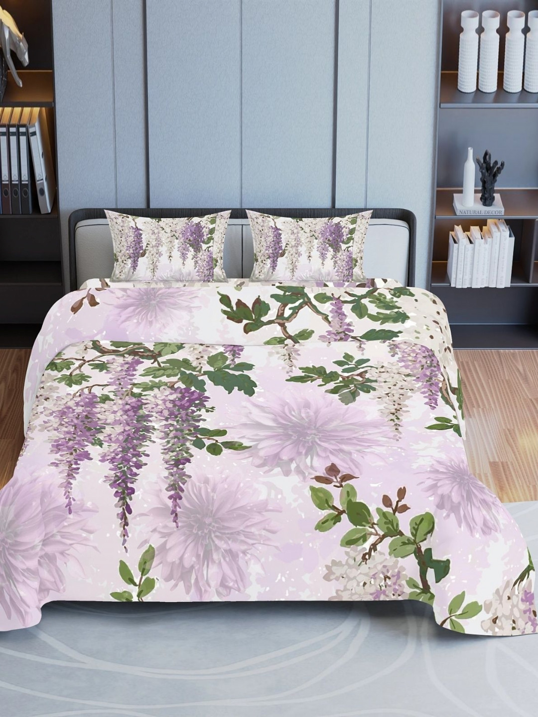 Synergized Cotton Lavender Floral Cotton 300 TC King Fine Bedsheet with 2 Pillow Covers-274 x 274 cm