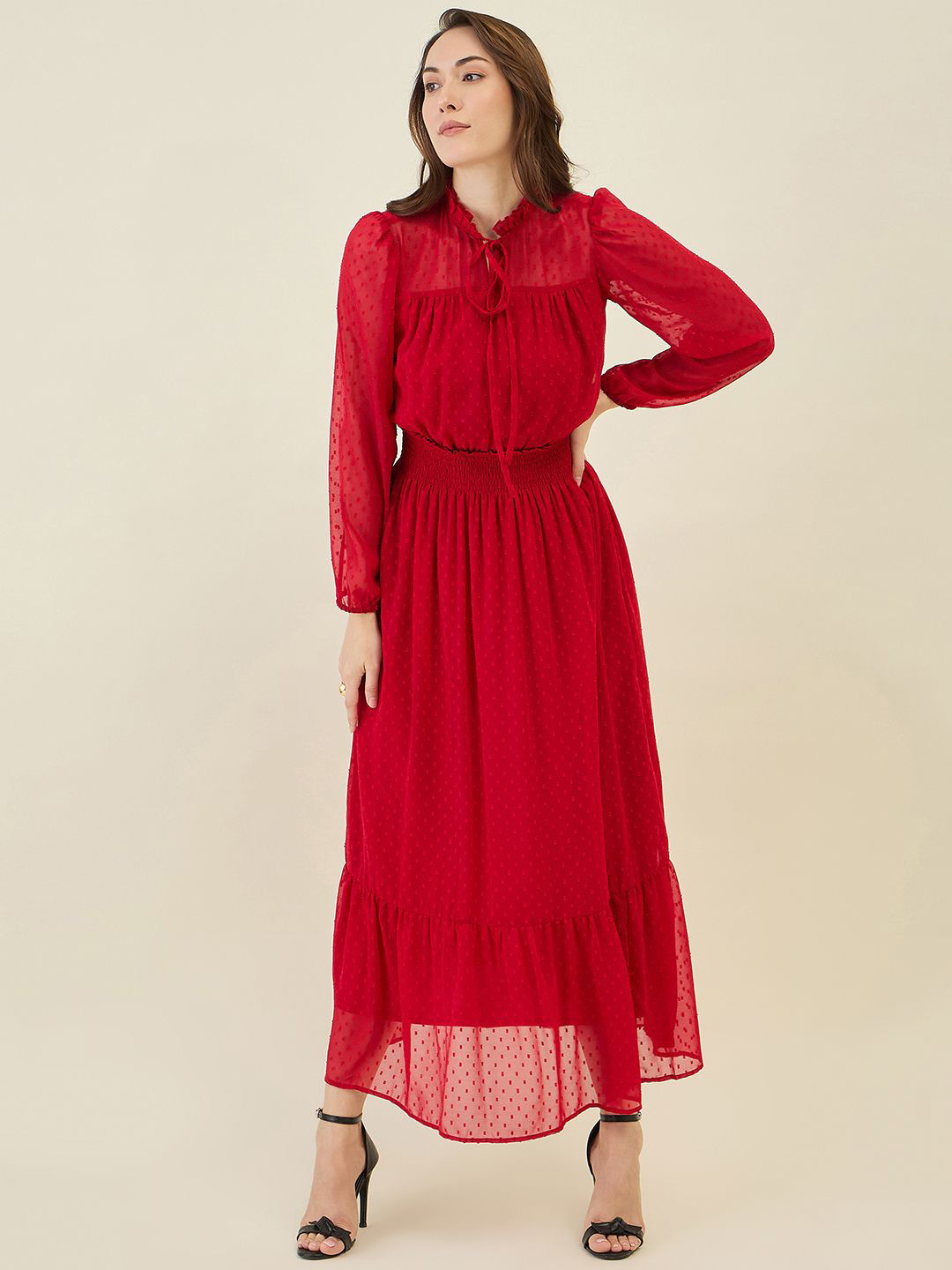 aayu Women Self Design Tie-Up Neck Puff Sleeves Smoked Fit & Flare Dress