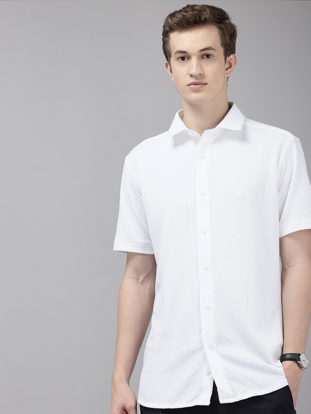 Van Heusen Self Design Textured Skinny Fit Opaque Casual Shirt