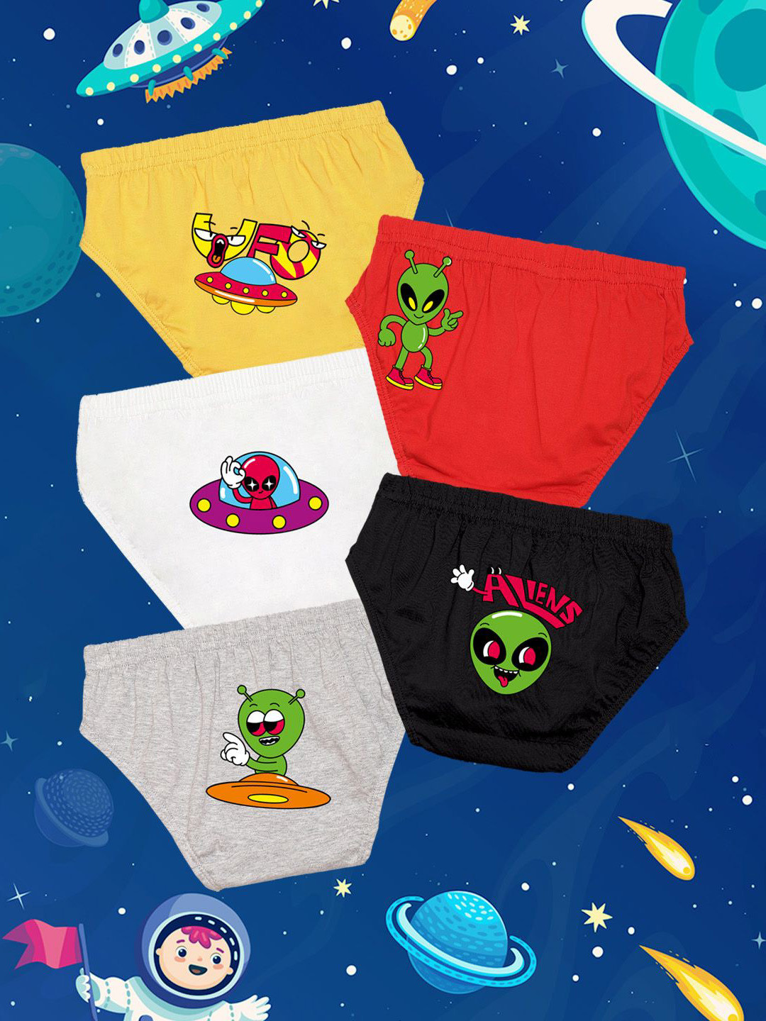 NUSYL Boys Pack Of 5  Space Adventures Printed Cotton Basic Briefs