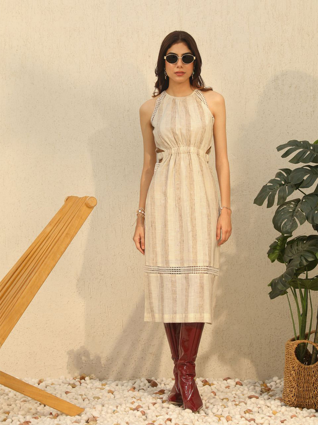 YA-SA Women Lace Detailed side cut-out Cotton A-line Midi Dress