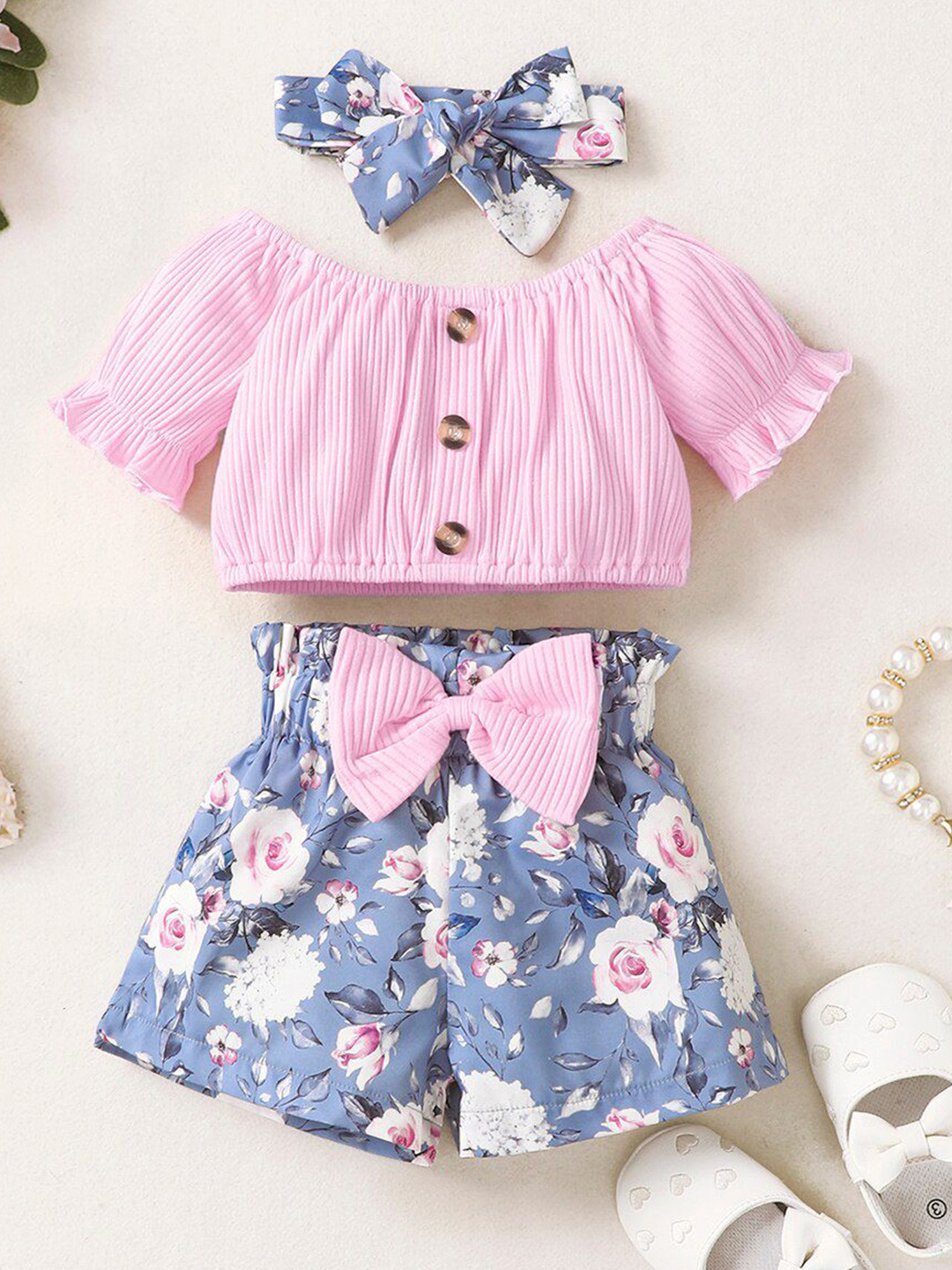 BAESD Girls Round Neck Top With Shorts & Headband