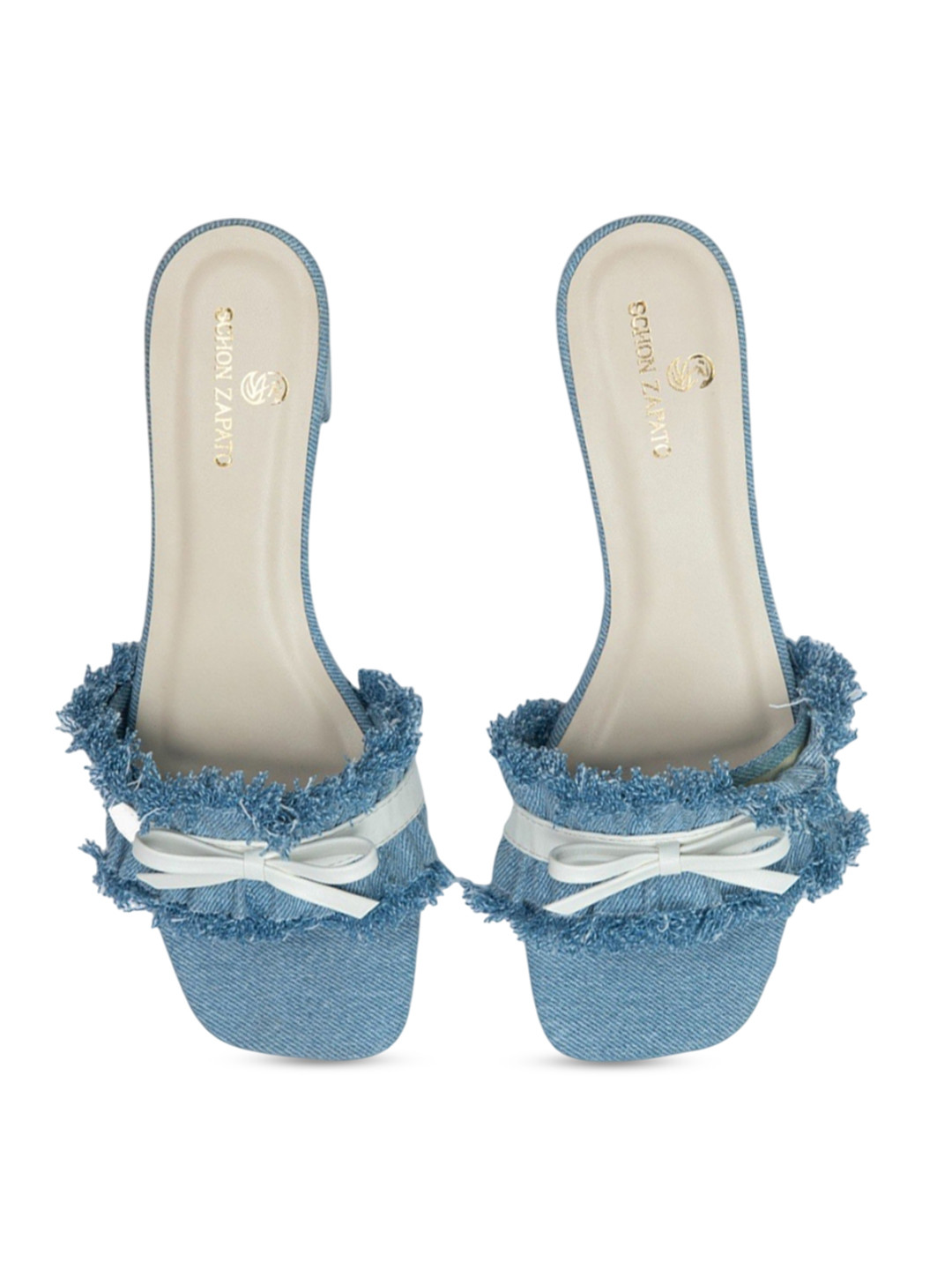 Schon Zapato Women Printed Block Peep Toes Denim Bow Heel with Buckles