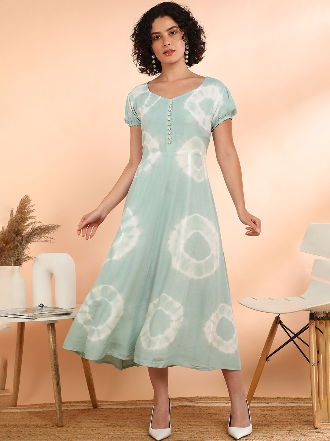 Maaesa Women Floral Rayon Flared Green Dress