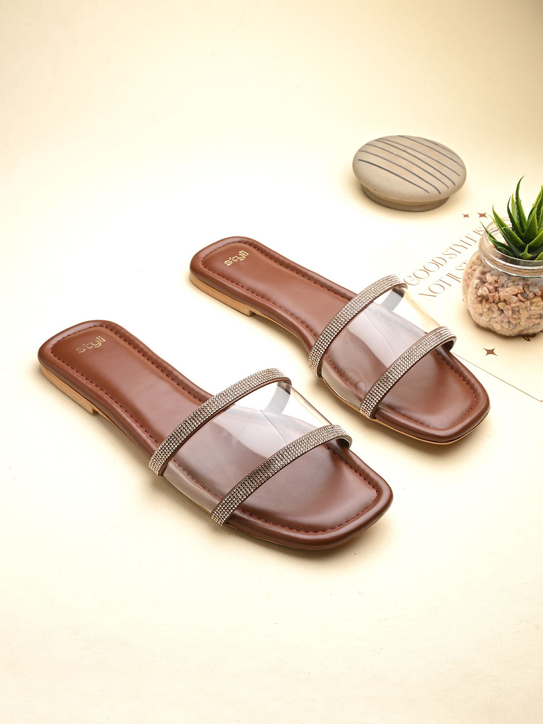 Styli Women Open Toe Transparent Strap Rhinestone Detail Flats