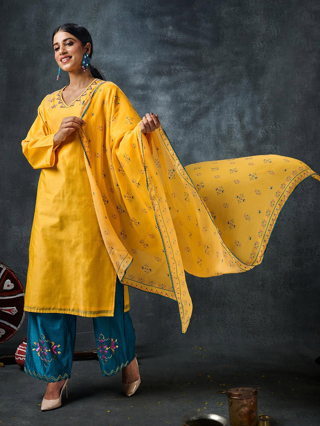 Phulkari Forever Geometric Yoke Design Pure Chanderi Kurta With Palazzos & Dupatta