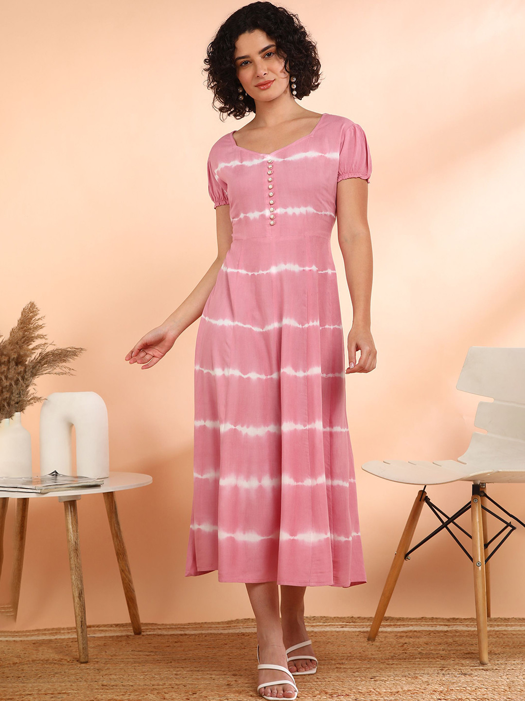 Maaesa Women Floral Rayon Flared Pink Dress