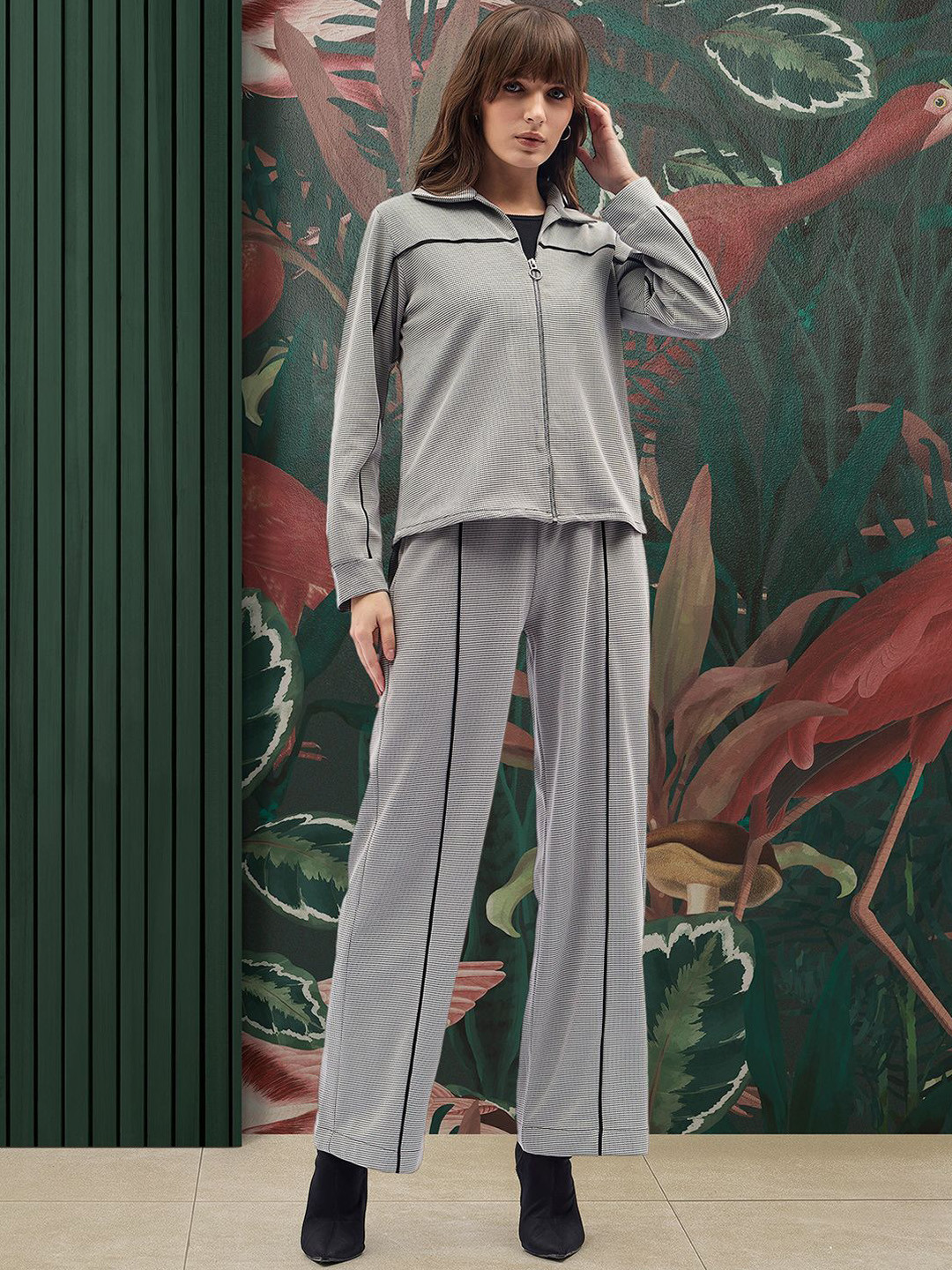 all about you Contrast Piping Zip Detail Top With Trousers Co-Ords