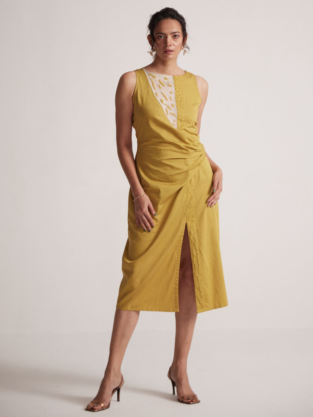 Western Era Satin Embellished Wrap Midi Dress With Slits