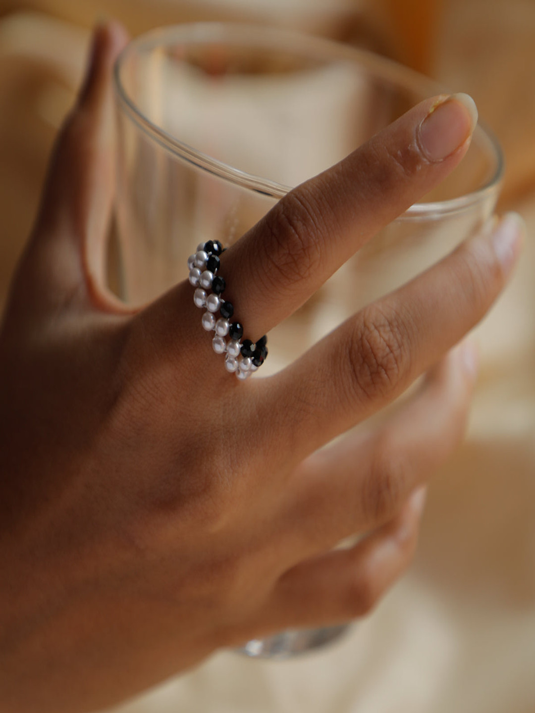 House of Aadyaa 925 sterling Silver Pearl With Black Spinel Finger Ring
