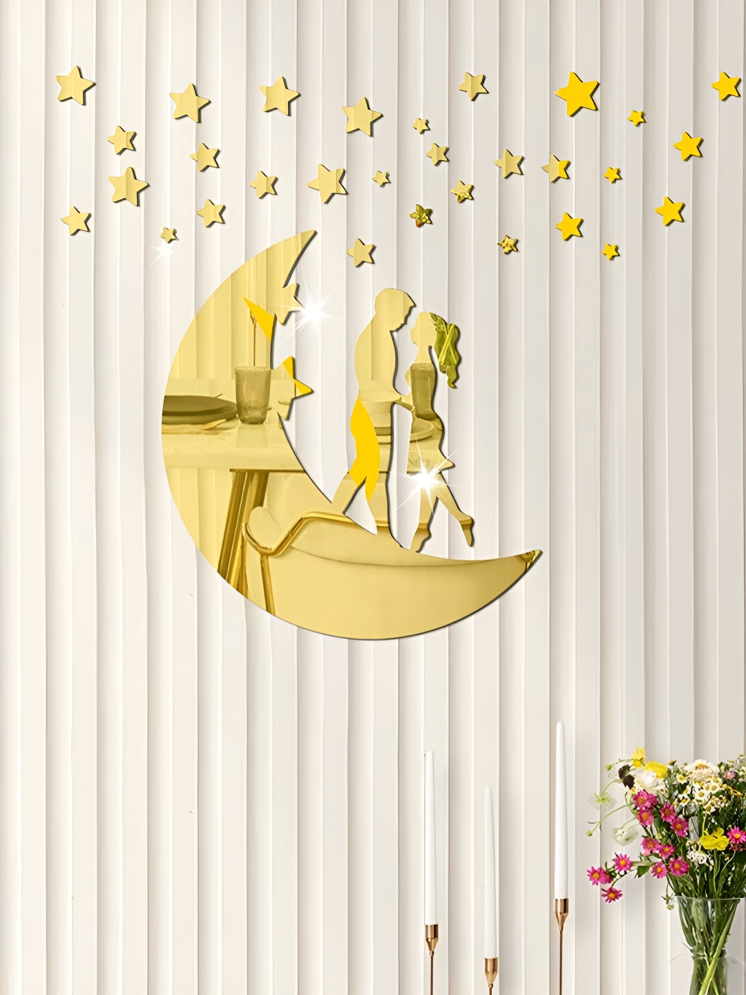 VAH Kya Bat Hai !! 31 Pieces Yellow Moon With Couple 3D Mirror Wall Stickers