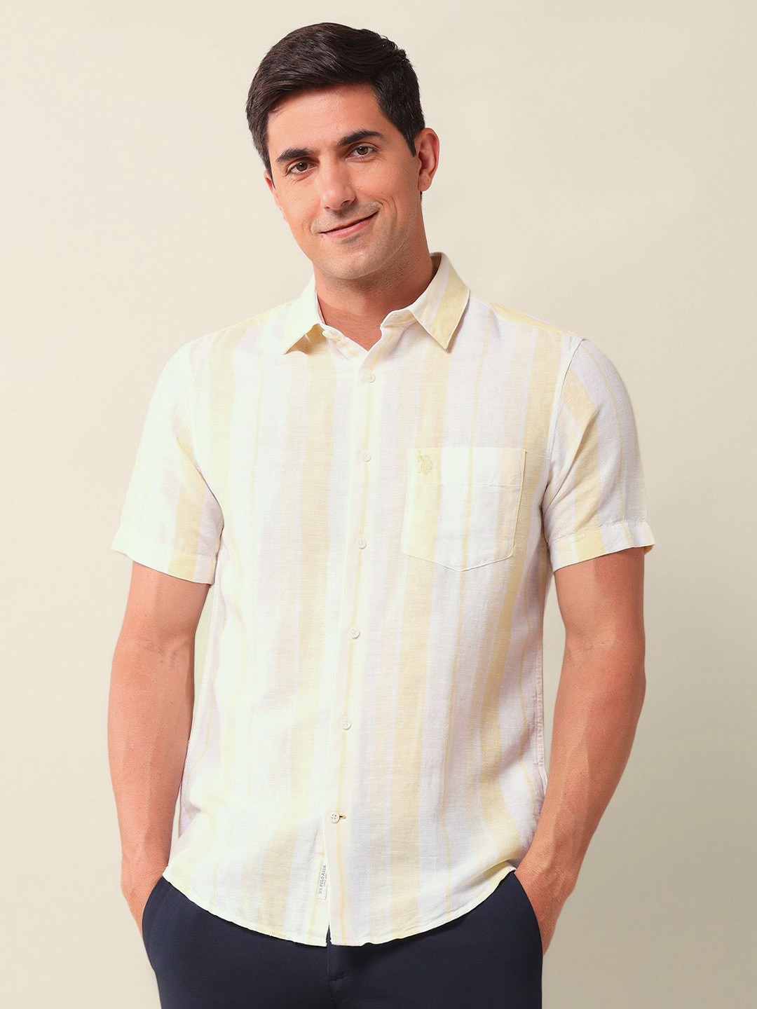 U.S. Polo Assn. Men Classic Fit Spread Collar Vertical Striped Linen Casual Shirt