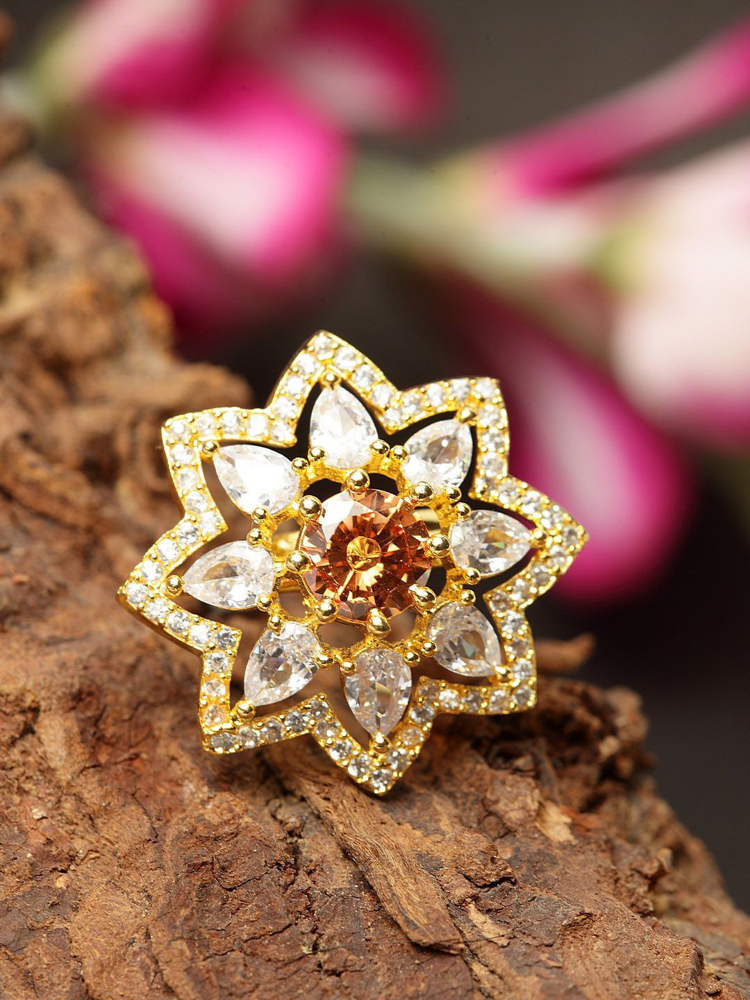 Anouk Gold Plated American Diamond & LCT Stone Studded Star Shape Finger Ring