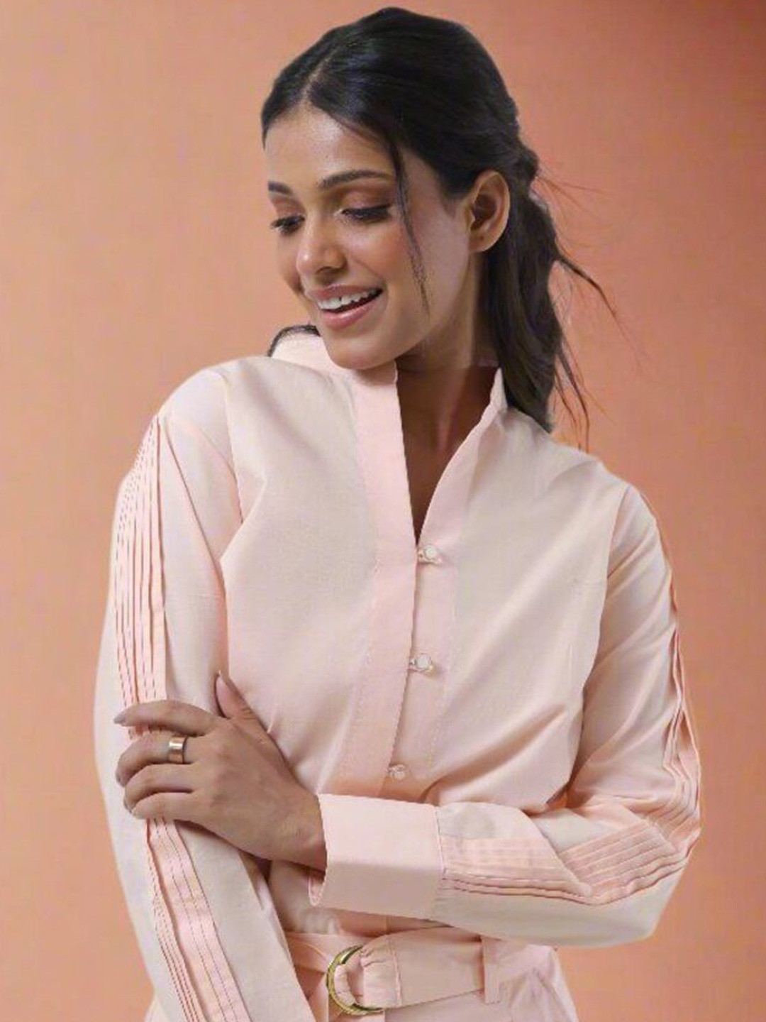 YA-SA Women Comfort Fit Mandarin Collar Solid Cotton Casual Shirt