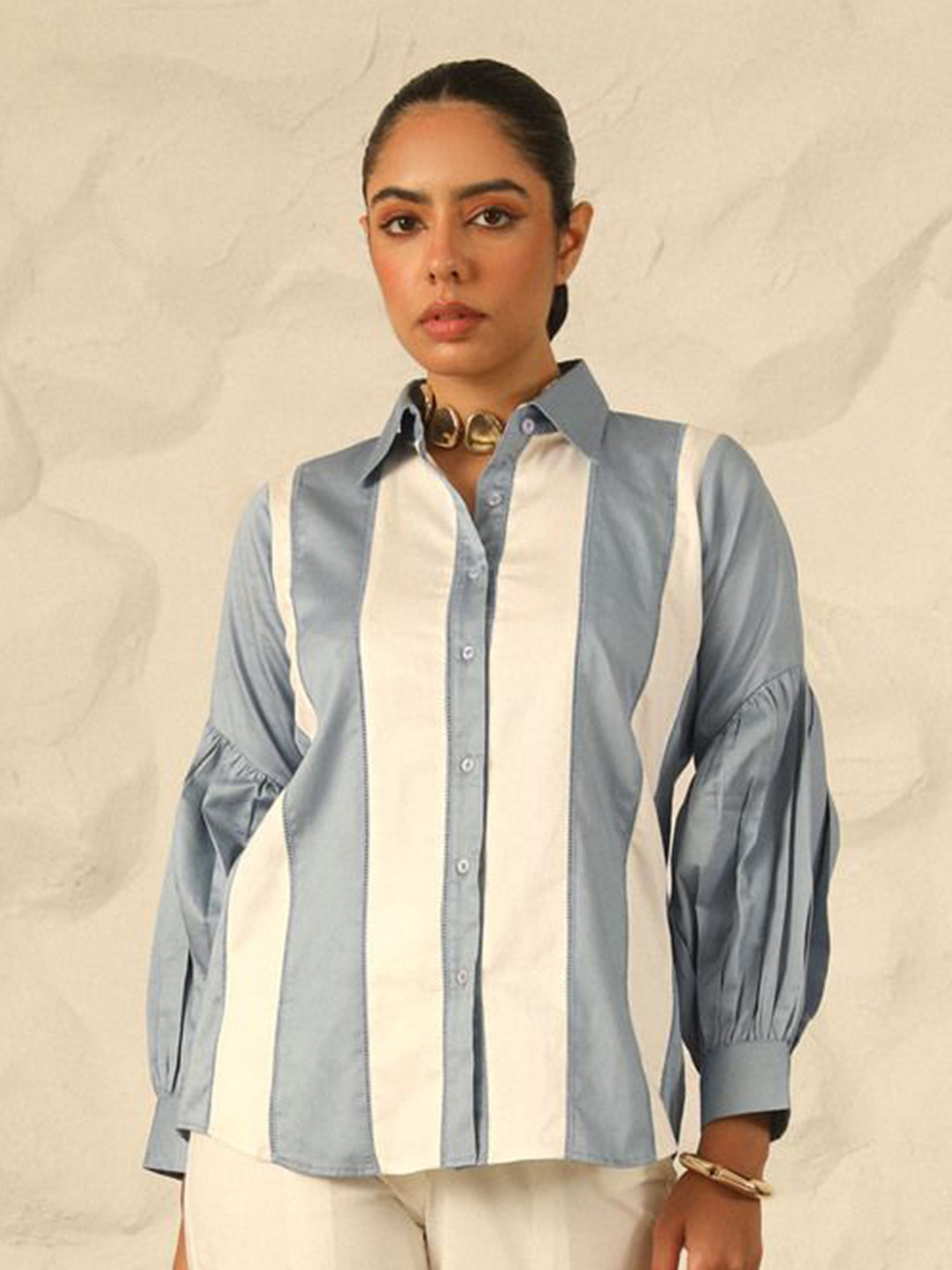 YA-SA Women Comfort Relaxed Fit Spread Collar Vertical Striped Cotton Casual Shirt
