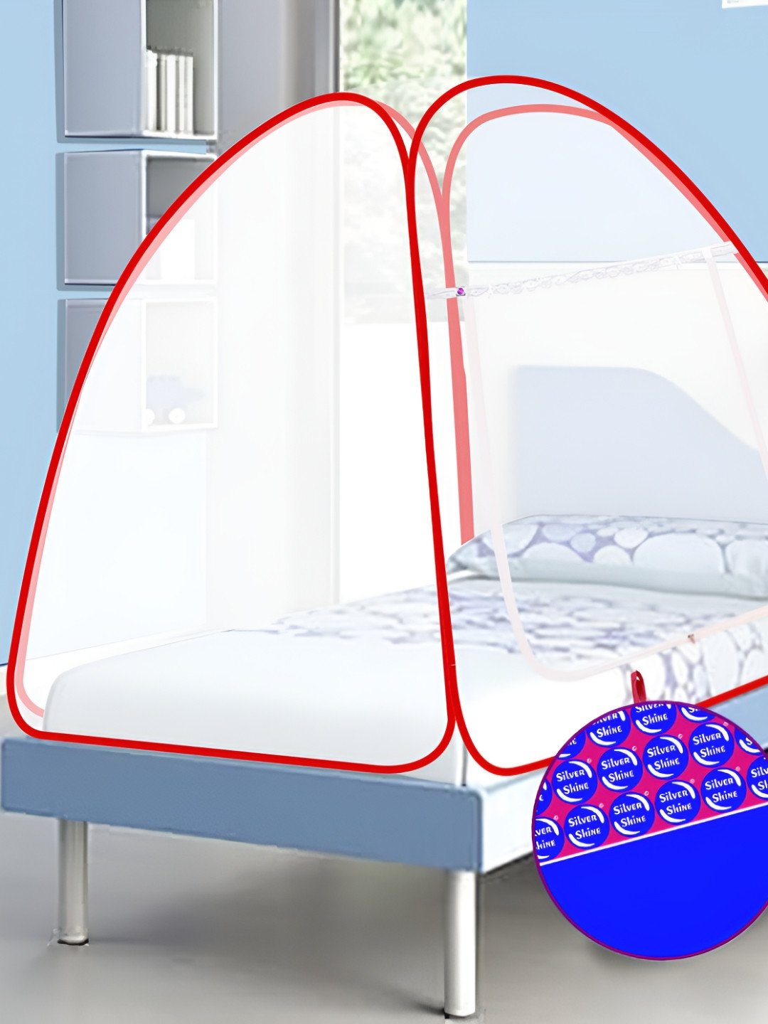 Silver Shine Red & White Single Bed Foldable Tent Mosquito Net