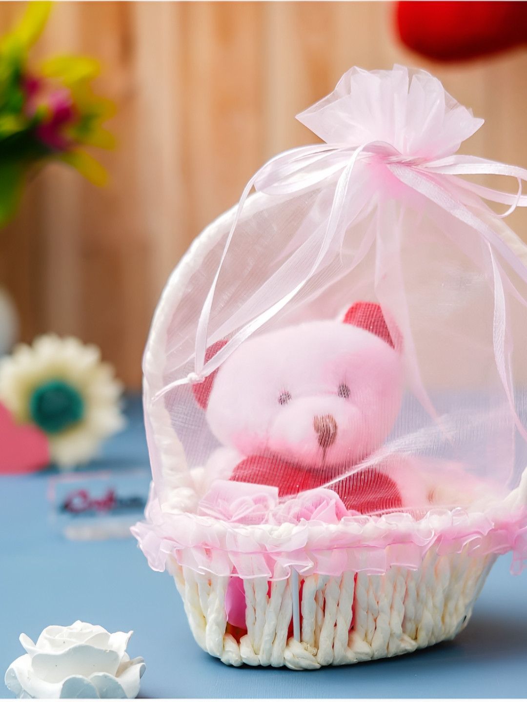 eCraftIndia 2 Pcs Pink Roses Teddy Bear In Basket Valentine Gift