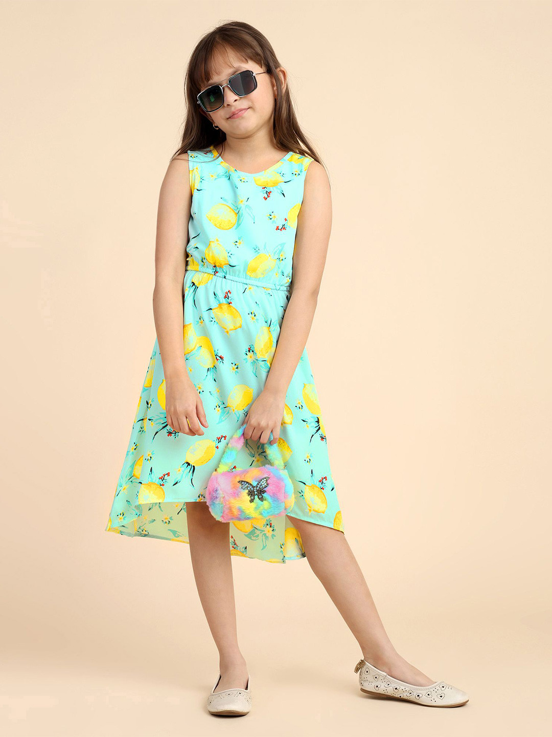 YK Girls Printed Sleeveless Fit & Flare Knee High-low  Dress
