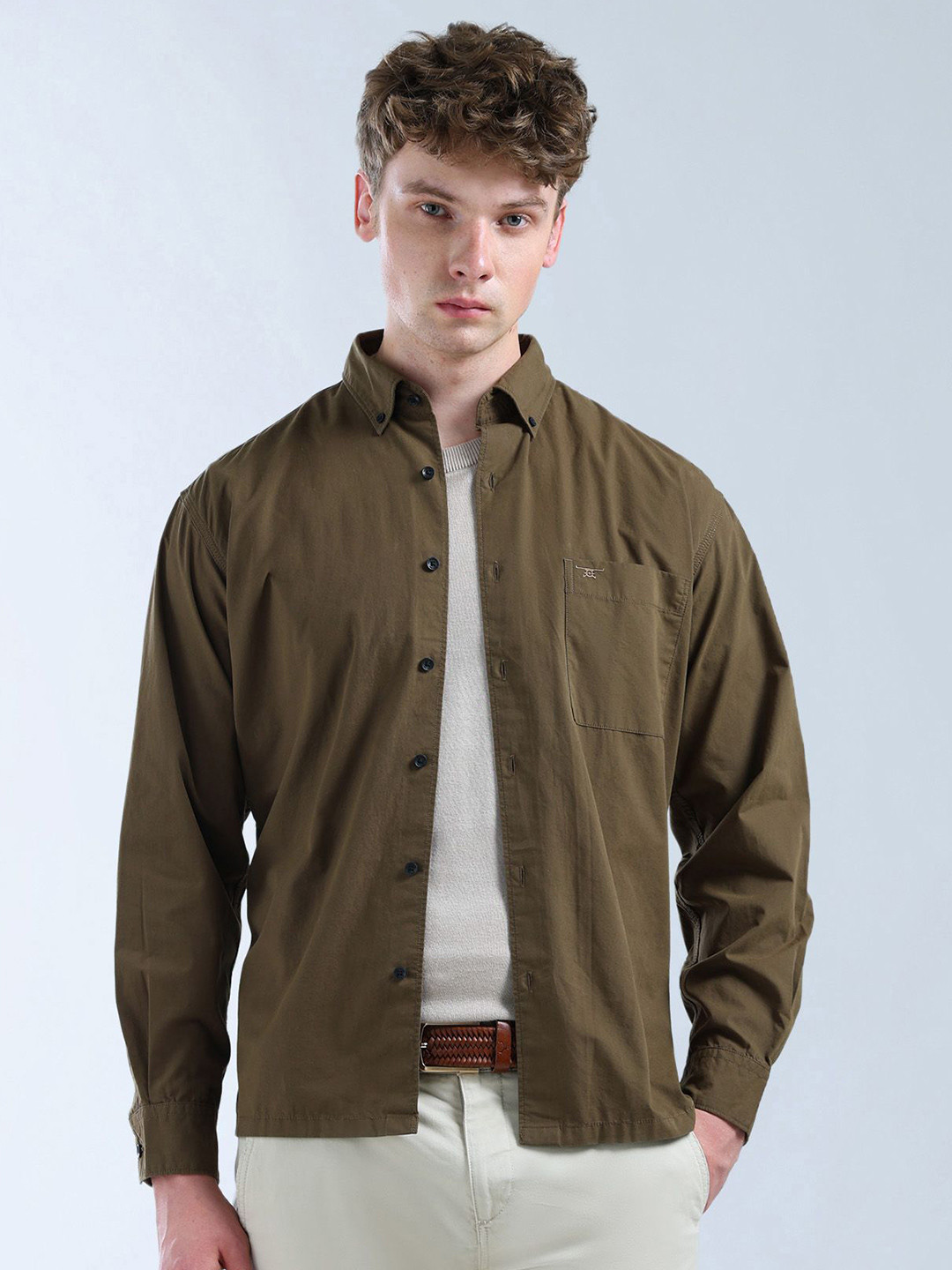 Flying Machine Men Classic Fit Button-Down Collar Solid Cotton Casual Shirt