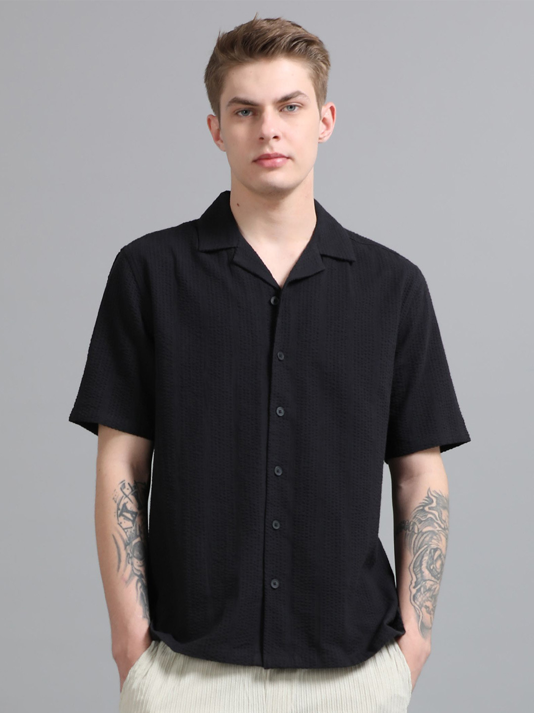 StitchX Men Textured Seersucker Short Sleeves Resort Shirt