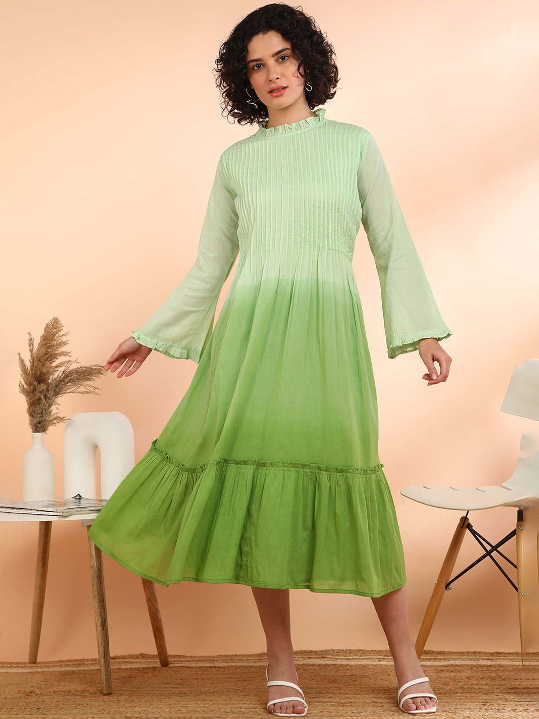 Maaesa Women Self Design Cotton Blend Flared Light Green Dress