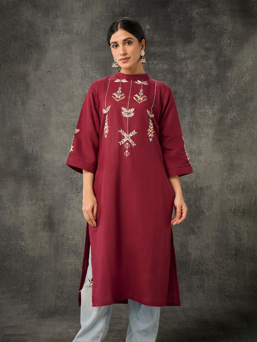 Phulkari Forever Floral Embroidered Band Collar Pure Cotton Phulkari Straight Kurta