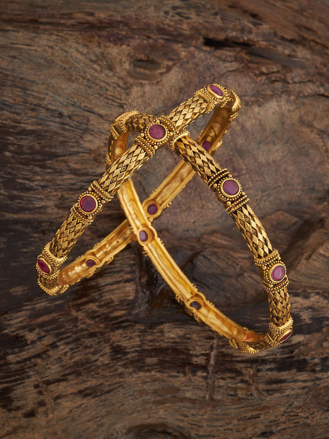Kushal's Fashion Jewellery Set of 2 Ruby Gold-Plated Stone Studded Ethnic Antique Bangles