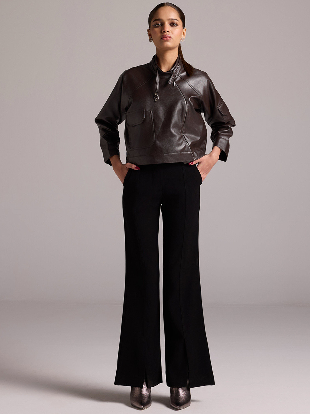 The Dapper Lady Women Mandarin Collar Solid Leather Casual Leather Jacket