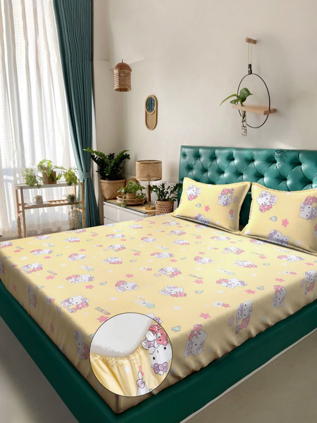 KLOTTHE Yellow Cartoon Characters Cotton 400 TC Fitted King Superfine Bedsheet with 2 Pillow Covers-89 x 59 inches