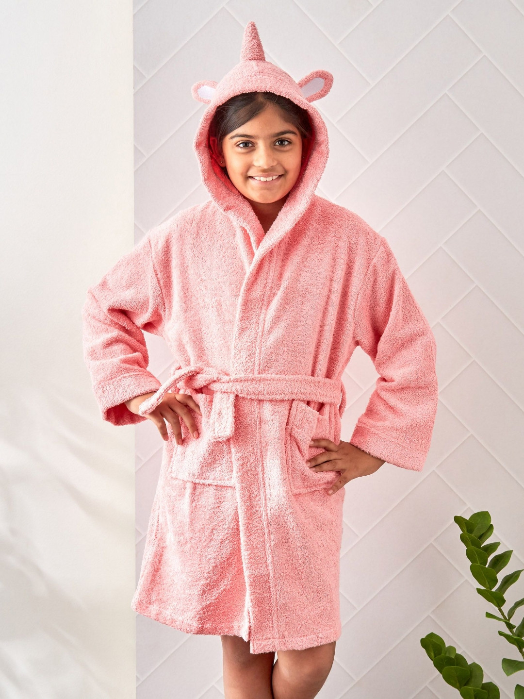 Home Centre Slate, Unicorn Pink Solid Cotton Drawstring Mini Bath Robe