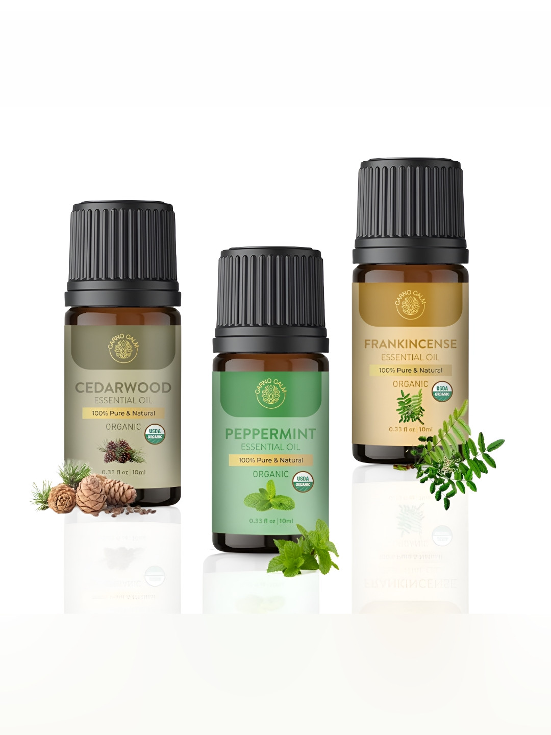Carno Calm 3 Pcs Green Peppermint Cedarwood & Frankincense Essential Oils -10ml