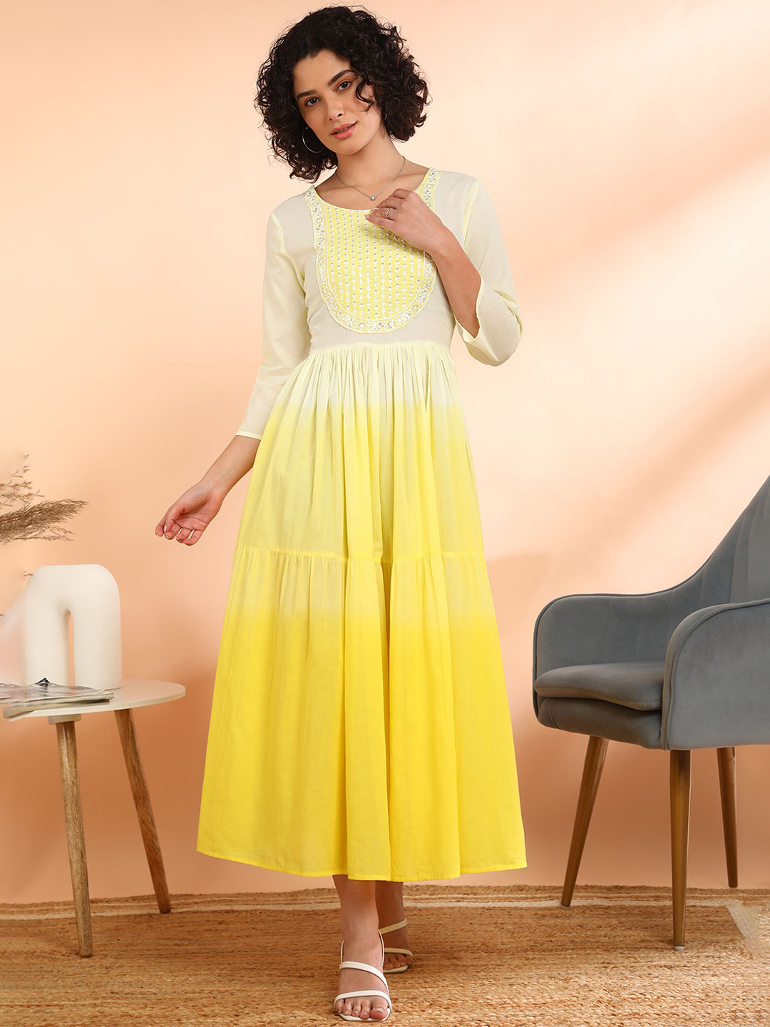 Maaesa Women Embroidered Cotton Blend Flared Yellow Dress