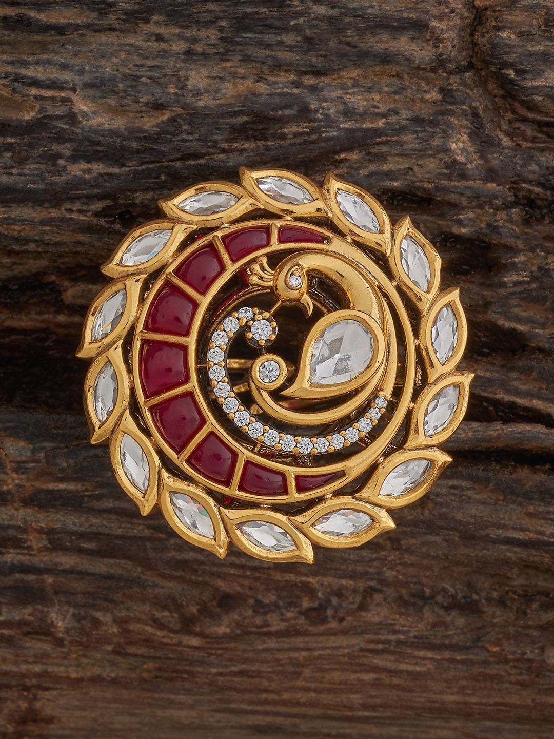 Kushal's Fashion Jewellery Embellished Bridal Ruby Victorian-Plated Kundan Antique Ring