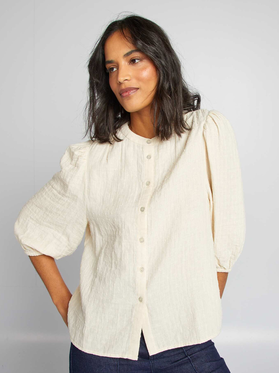 KIABI Women Comfort Fit Band Collar Textured Cotton Casual Shirt