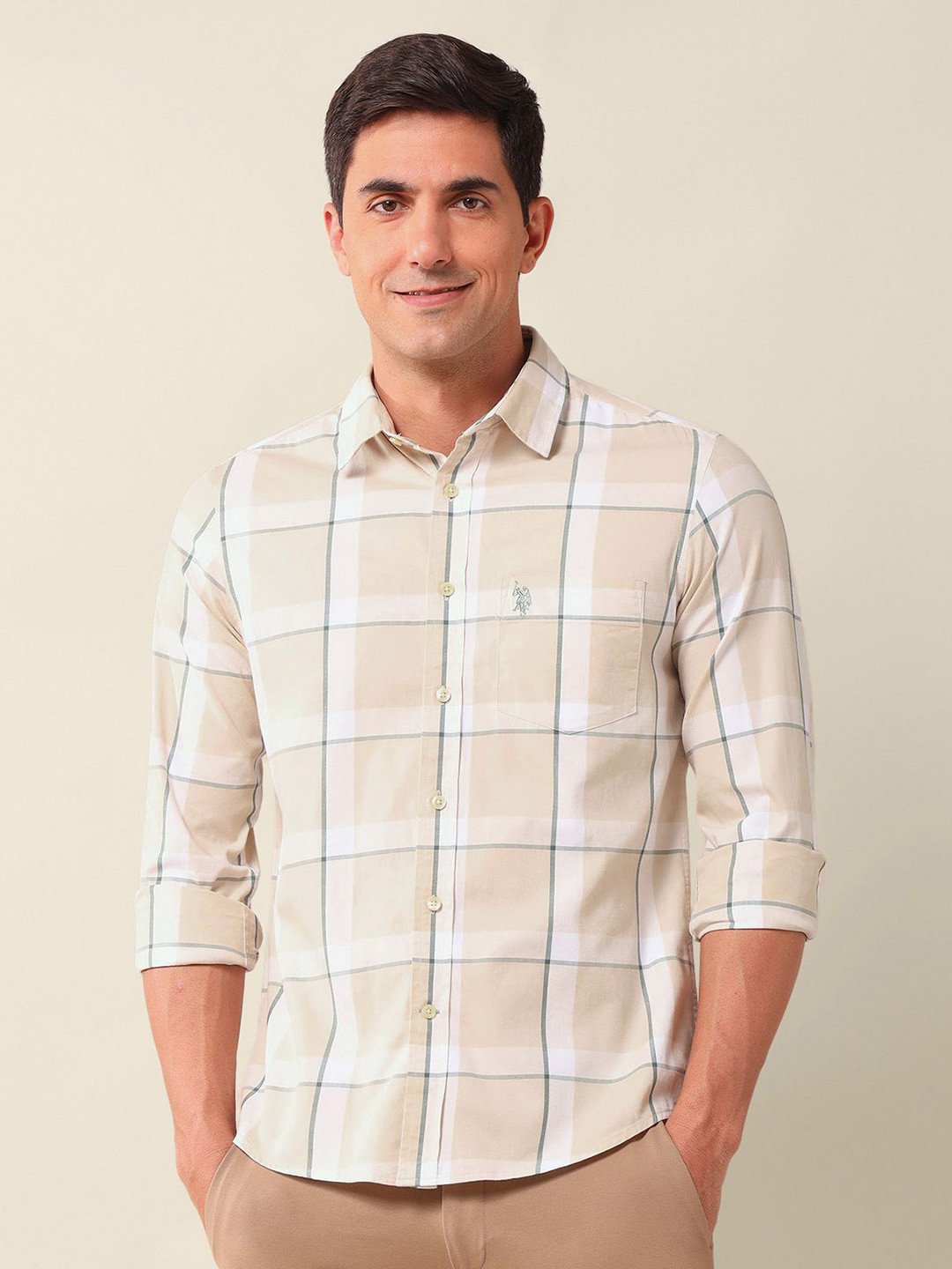 U.S. Polo Assn. Men Classic Fit Spread Collar Checked Cotton Casual Shirt