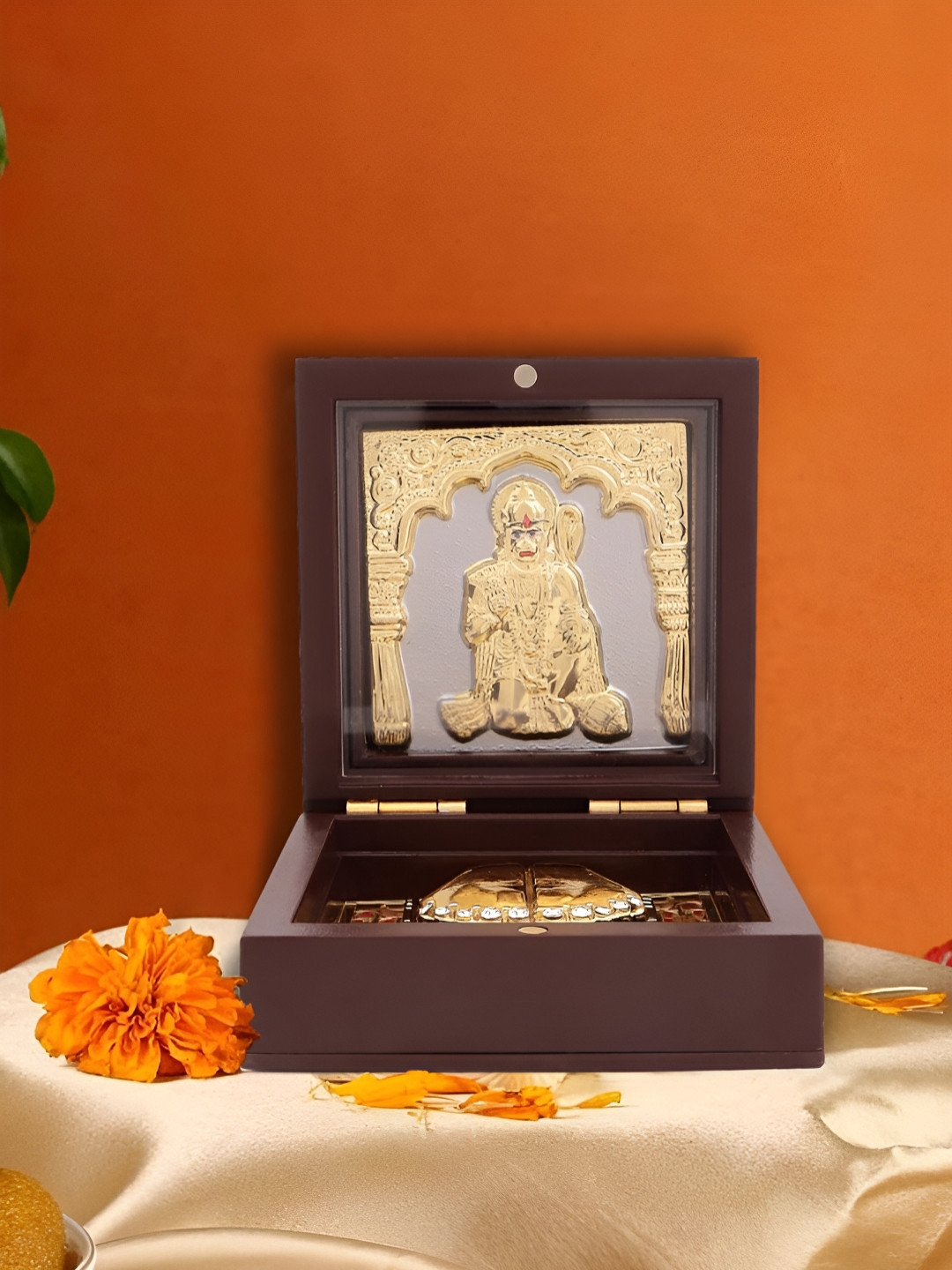 INTERNATIONAL GIFT Lord Hanuman Frame with Holy Charan Paduka Gold Metal Metallic Prayer Room Small Showpiece - 3 Inches