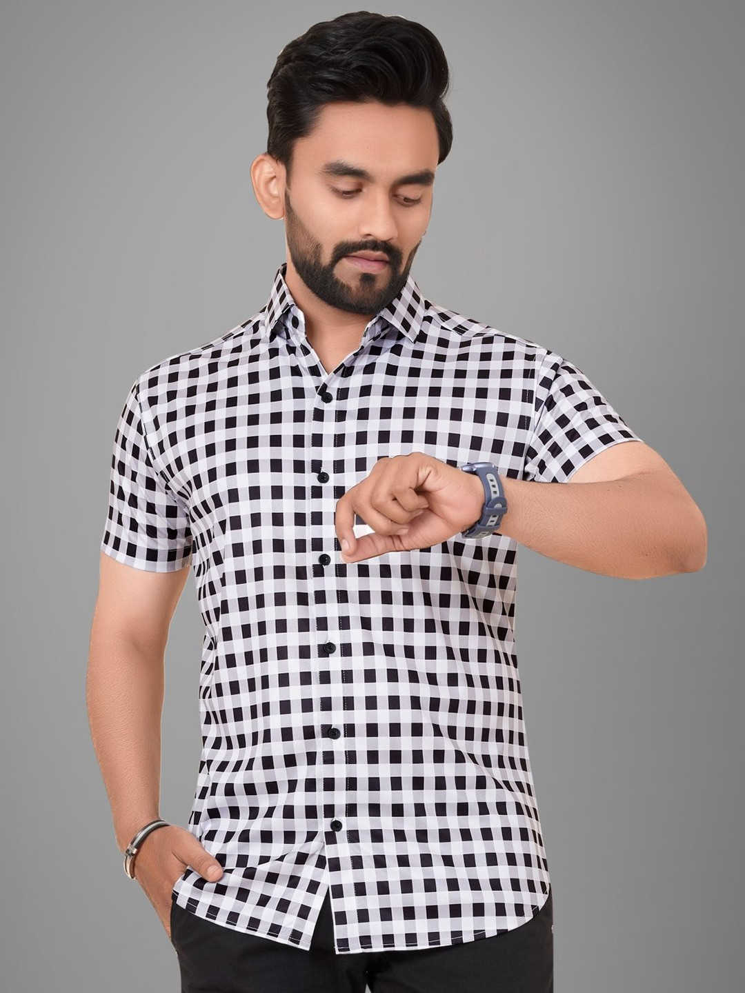 Metronaut Men Regular Fit Spread Collar Grid Tattersall Checked Elastane Casual Shirt