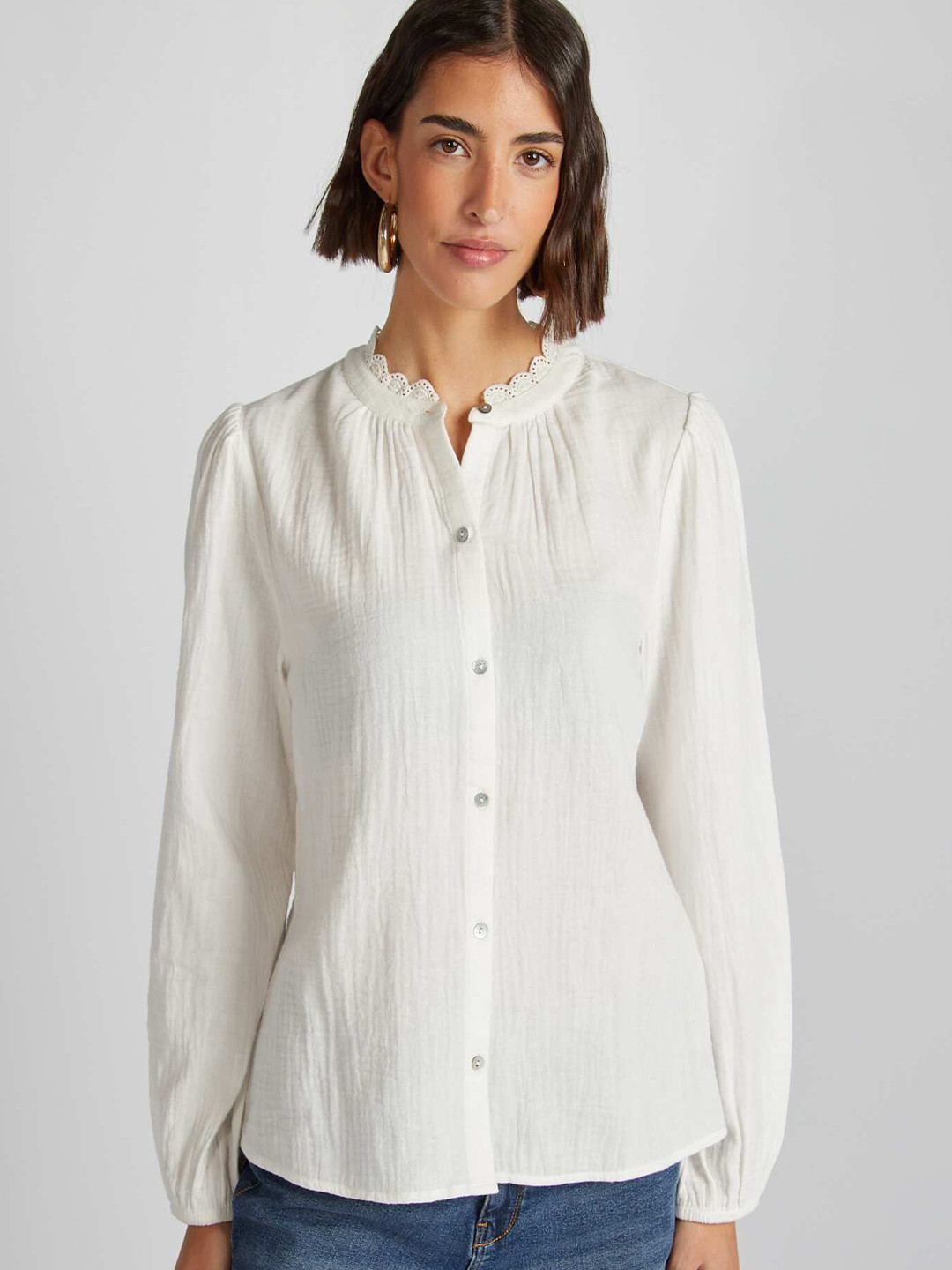 KIABI Women Comfort Fit Band Collar Textured Cotton Casual Shirt